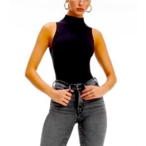 Express One Eleven Ribbed Mock Neck Sleeveless‎ Bodysuit Top Black Fitted S